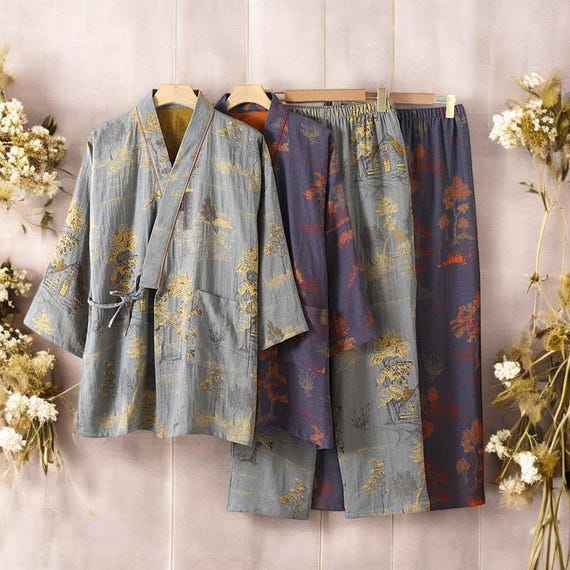 Kimono Pajamas Set: Two Piece Robes Sleepwear for Men, Lightweight Yarn Dyed Cotton Fabric