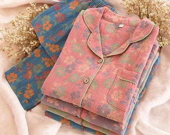 Cotton Floral Pajama Set: Two Piece Loungewear, Yarn Dyed Cotton Fabric Shirt and Trousers for Women