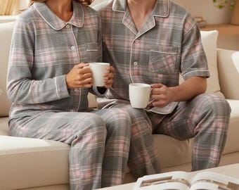 Conjunto de pijama de cuadros para parejas: pijama de franela de algodón cepillado con botones, ropa de estar por casa y pijama a juego para él y para ella.