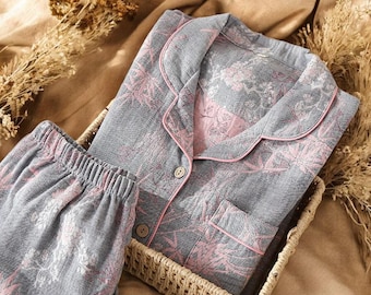 Women’s Long Sleeve Cotton Pajama Set – Soft Double-Layer Sleepwear Pants for Spring Comfort | Cozy Yarn-Dyed Lounge wear
