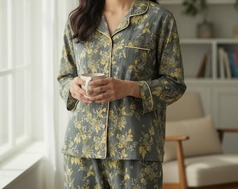 Ensemble de pyjama 100 % coton : fil teint 100 % biologique avec double gaze de chambre boutonnée et pyjama, pyjama de nuit floral confortable pour femme