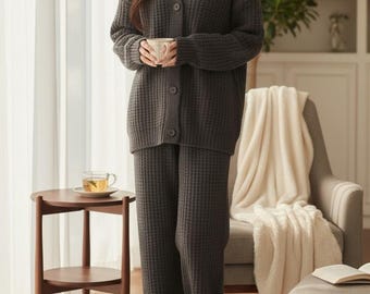 Soft Knit Waffle Pajamas Set: Warm Fleece Loungewear, Thick Loose Cardigan & Wide Leg Pants