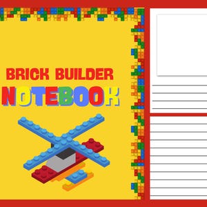 May include: A yellow notebook with a red border and a colorful brick design. The cover features the text "BRICK BUILDER NOTEBOOK" and a blue and red brick helicopter illustration. Includes a white space for a photo and lined pages.