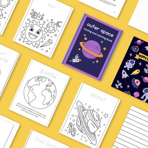 May include: A collection of space-themed coloring books and a notebook are arranged on a yellow surface. The coloring books feature illustrations of planets, rockets, astronauts, and the sun. One book is titled "Outer Space" and another is a notebook.