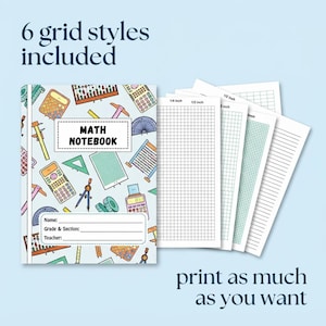 May include: A math notebook with a light blue cover featuring a pattern of calculators, abacuses, and protractors. The cover includes a label for name, grade, and section. Beside it are four pages with different grid styles and line spacing.