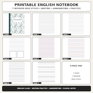 May include: A printable English notebook featuring a cover with a botanical pattern and seven distinct interior page styles for writing and handwriting practice. The set includes an 8-page PDF with one cover and seven interior page layouts for school notes.