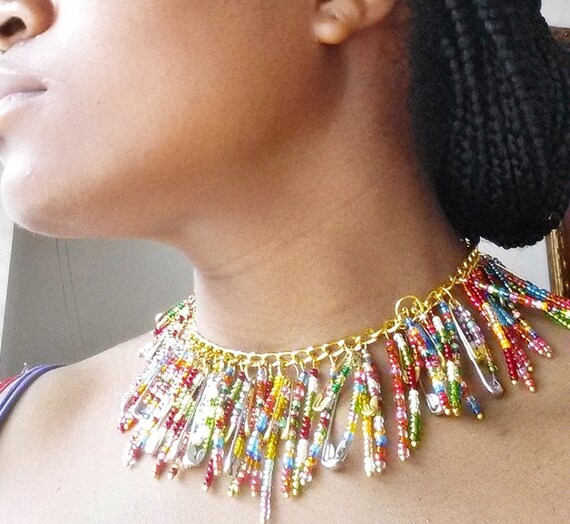 Items similar to Safety Pin and Beads Necklace on Etsy