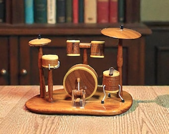 Modèle en bois de mini batterie artisanale | Décoration pour kit de batterie en acajou | Cadeau pour mélomane et batteur