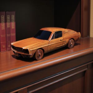 May include: A wooden model of a classic car, featuring a detailed design with visible wood grain. The car is brown with black windows and sits on a wooden shelf. The shelf also holds books and a vintage telephone.