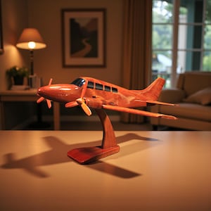 May include: A wooden model airplane with a reddish-brown finish. The model features two propellers, wings, and a tail, mounted on a wooden stand. The airplane has a detailed design with visible windows and is displayed on a table.