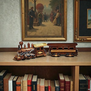 Könnte beinhalten: Ein hölzernes Spielzeug-Zugset mit einer Lokomotive und einem Personenwagen. Der Zug ist braun mit goldenen Akzenten und weißen Details. Das Set wird auf einem Regal mit Büchern und gerahmten Kunstwerken im Hintergrund präsentiert.