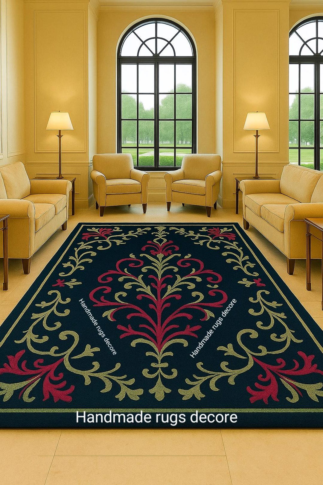 Scroll Work Pattern Rug Hand-tufted Look Regal Scrollwork Rug | Black & Gold Center, Rich Red ...