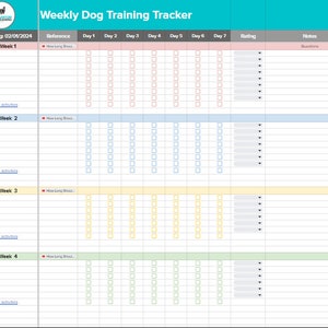 May include: A printable weekly dog training tracker with sections for each week, including reference, day 1 through day 7, rating, and notes. The tracker is designed to help dog owners track their dog's progress in training.