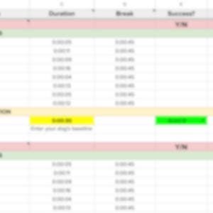 Könnte beinhalten: Eine digitale Tabellenvorlage zur Verfolgung des Trainingsfortschritts mit Spalten für Datum, Schritte, Dauer, Pause, Erfolg und Beobachtungen. Das Layout enthält Abschnitte für Aufwärmschritte und Zieldauer mit spezifischen Zeiteinträgen.