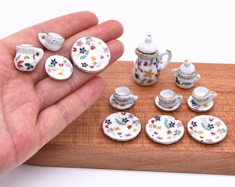 Dollhouse Miniature Porcelain Tea Set | Ceramic Miniatures Slightly Larger Than 1:12 |  Chinese Blue and White 6 Colors Choose
