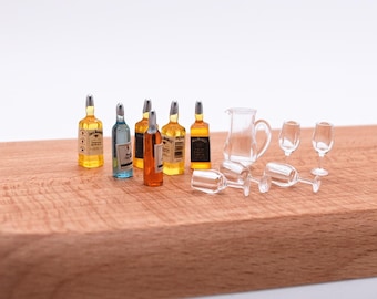 Dollhouse Miniature Wine Set 12pcs | PLA Material Micro Miniatures | 6 Wine Bottles + 1 Decanter + 5 Wine Glasses
