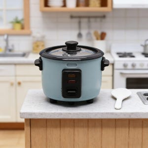 May include: A small, light blue rice cooker with a black lid and handle is on a countertop. It has a control panel with red lights, and a white rice paddle is beside it. The background shows a kitchen setting.