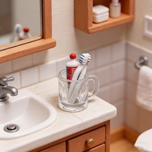 以下が含まれることがあります： 白い洗面台、鏡、木製キャビネットを備えたミニチュアバスルームのシーン。透明なガラスマグには、2本の歯ブラシと歯磨き粉のチューブが入っています。歯ブラシには青と赤の毛があります。