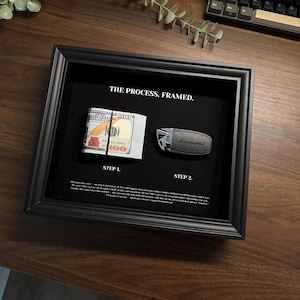 Puede incluir: Una caja negra enmarcada con el texto "THE PROCESS. FRAMED." presenta una pila de billetes de 100 dólares, etiquetados como "STEP 1", y un llavero Lamborghini, etiquetado como "STEP 2". El marco está sobre una superficie de madera.