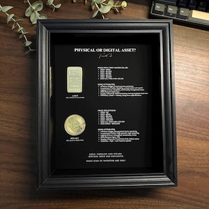 Guld vs Bitcoin-ram av FramedCash | Väggkonst med fysiska vs digitala tillgångar | Motiverande investeringsdekor 25 x 20 cm