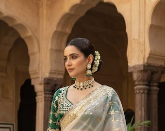 Emerald Green Bridal Saree with Gold Embroidery, White Chiffon Saree, Traditional Indian Wedding Saree, Designer Festive Party Outfit Sari