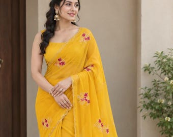 Chiffon Saree for Women, Elegant Indian Saree, Lightweight Chiffon Sari, Traditional Ethnic Wear, Wedding Guest Saree, Party Wear Saree
