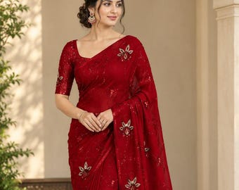 Chiffon Saree for Women, Indian Sari, Lightweight Party Wear Saree, Wedding Guest Outfit, Designer Ethnic Saree, Traditional Indian Clothing
