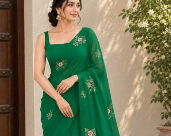 Pure Chiffon Saree for Wedding Guest, Everyday Party Wear Indian Sari, Indian Designer Party Wear Saree with Unstitched Blouse, Gift for Her