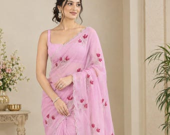 Baby Pink Chiffon Saree for Women, Indian Saree, Lightweight Chiffon Sari, Elegant Party Wear Saree, Wedding Guest Indian Outfit
