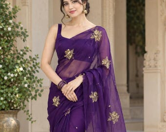 Chiffon Saree for Women, Indian Saree, Lightweight Party Wear Sari, Designer Wedding Guest Outfit, Bollywood Ethnic Wear