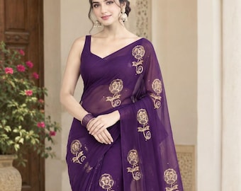 Chiffon Saree for Women, Indian Saree, Lightweight Party Wear Sari, Designer Wedding Saree, Bollywood Style Wedding Guest Outfit