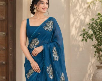 Bollywood Blue Chiffon Saree with Blouse Piece, Party Wear Sequins Sari, Designer Indian Wedding Guest Dress, Indian Ethnic Wear for Women