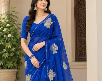 Chiffon Saree for Women, Indian Saree, Lightweight Party Wear Sari, Wedding & Festive Outfit, Elegant Festive Sari
