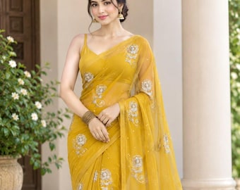 Chiffon Saree for Women, Indian Saree, Lightweight Party Wear Sari, Designer Wedding Guest Outfit, Bollywood Ethnic Wear