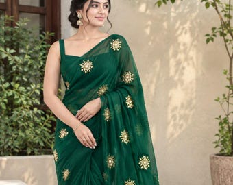 Floral Chiffon Bottle Green Saree with Unstitched Blouse, Soft Lightweight Summer Sari, Indian Outfit Sari, Ethnic Wear Women Dress