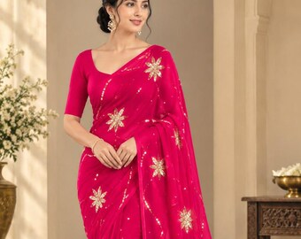 Indian Chiffon Saree for Women, Elegant Designer Saree, Party Wear Indian Clothing, Wedding Guest Outfit, Traditional Ethnic Wear