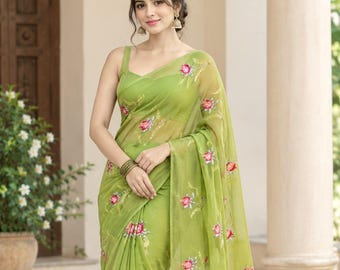 Chiffon Saree for Women, Indian Saree, Designer Wedding Saree, Party Wear Sari, Lightweight Traditional Ethnic Wear