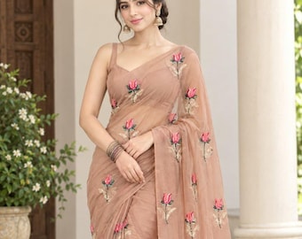 Chiffon Saree for Women, Indian Saree, Lightweight Party Wear Sari, Designer Wedding Guest Outfit, Bollywood Ethnic Dress