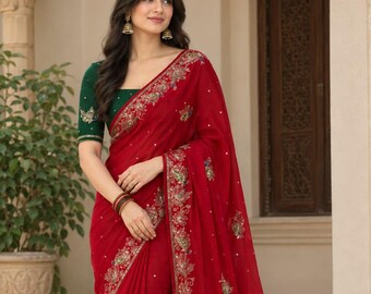 Chiffon Saree for Women, Indian Saree, Lightweight Party Wear Sari, Designer Wedding Saree, Elegant Ethnic Outfit