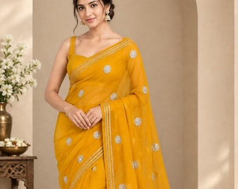 Bright Yellow With Gota Work Chiffon Saree for Women, Indian Saree, Party Wear Saree, Wedding Saree, Lightweight Sari