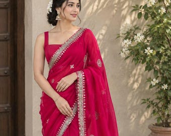 Chiffon Saree for Women, Indian Saree, Lightweight Chiffon Sari, Elegant Traditional Ethnic Wear, Wedding Party Saree, Festive Outfit
