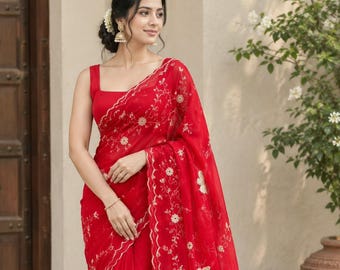 Pure Chiffon Saree in Red Colour, Soft Saree with Blouse Piece, Bollywood Style Chiffon Sari, Indian Wedding Sari, Lightweight Summer Sari