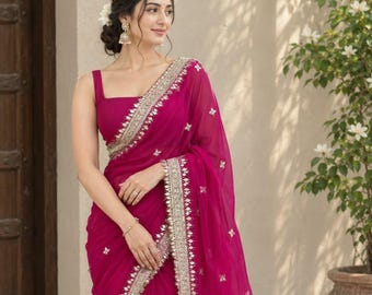 Chiffon Saree for Women, Elegant Indian Saree, Lightweight Soft Chiffon Saree, Traditional Ethnic Wear, Wedding Party Saree, Gift for Her