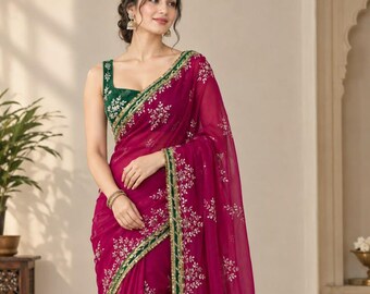 Magenta Colour Chiffon Saree for Women, Indian Saree, Designer Wedding Saree, Party Wear Sari, Lightweight Traditional Ethnic Wear