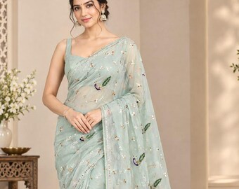 Powder Blue Peacock Jaal Sari Chiffon Saree for Women, Indian Saree, Designer Wedding Saree, Party Wear Sari, Lightweight Traditional Wear