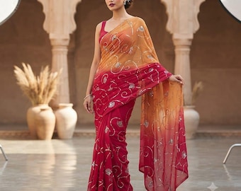 Floral Chiffon Saree | Lightweight Indian Saree | Elegant Party Wear Sari | Women's Ethnic Clothing