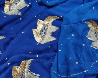 Bollywood Style Chiffon Saree | Floral / Sequin Embroidery Sari | Lightweight Elegant Indian Outfit | Wedding Guest & Festival Wear