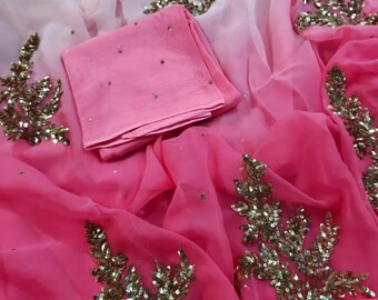 Soft Lightweight Chiffon Saree with Embroidery & Sequins | Indian Wedding Party Wear Sari | Festive Designer Saree with Unstitched Blouse