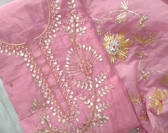 Handgemachte Chanderi Salwar Kameez | Zardozi, Perlen & Kasab Stickerei