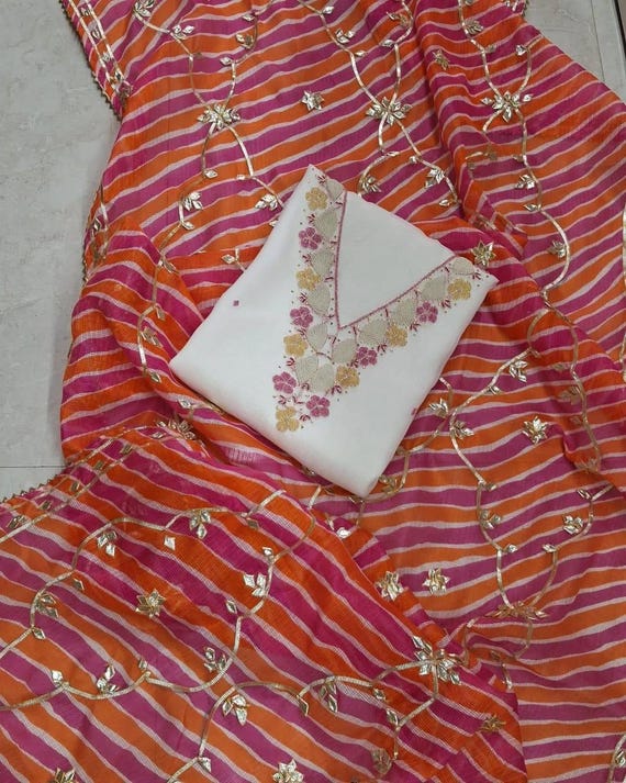 white christmas dresses Pure Kota Cotton Lehriya Print Work Dress Material main image 0